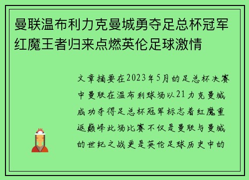曼联温布利力克曼城勇夺足总杯冠军红魔王者归来点燃英伦足球激情